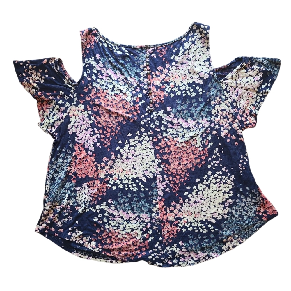 Lucky Brand Navy Floral Cold Shoulder Top XL Boho Flutter Sleeve Blouse - Picture 3 of 11